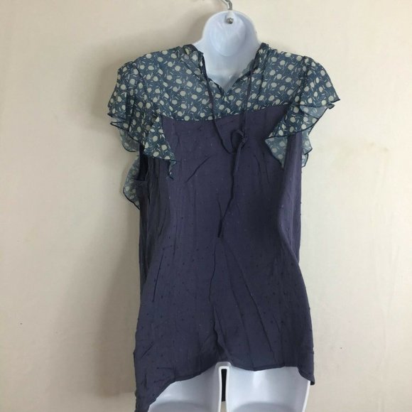 Suzanne Betro Weekend Womens Navy Floral Ruffle Sleeve Round Neck Blouse Size XL - Picture 6 of 11